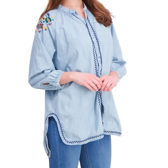 Lucky Brand chambray button down peasant shirt with floral embroidery - Picture 1 of 10